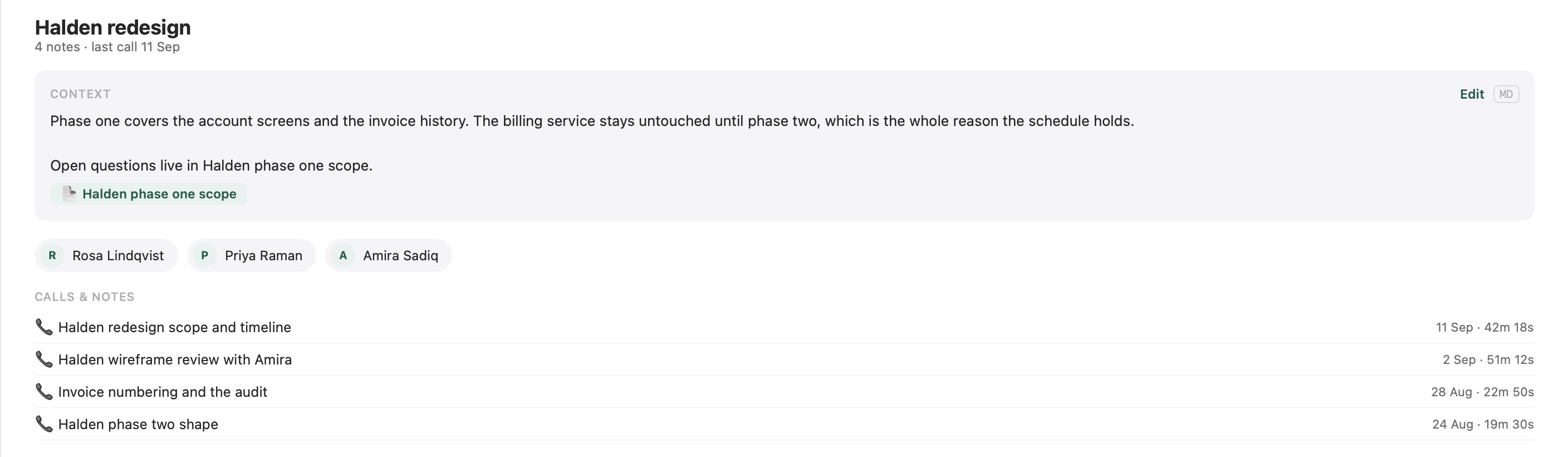 A project page: context, three people chips, and four calls with dates and durations
