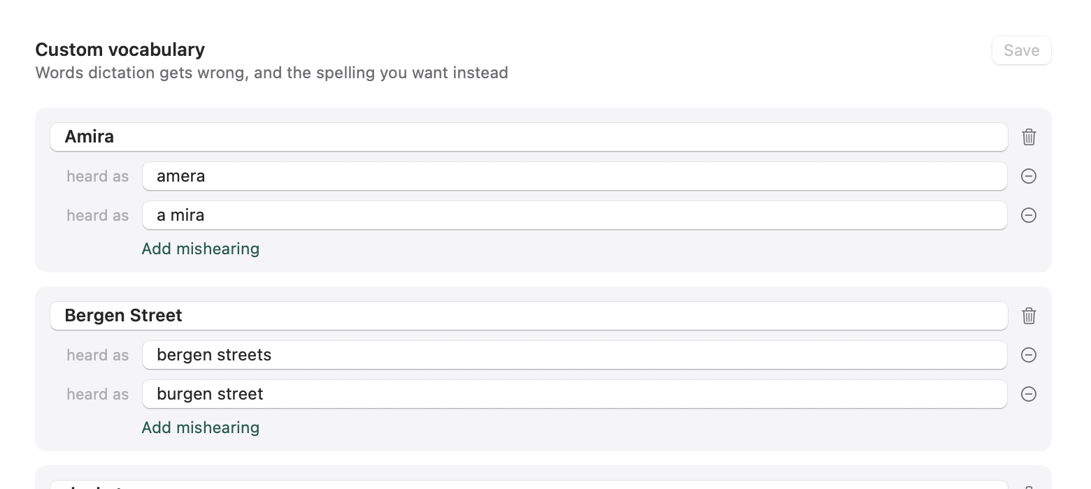 Custom vocabulary settings: a word and the spellings it was heard as